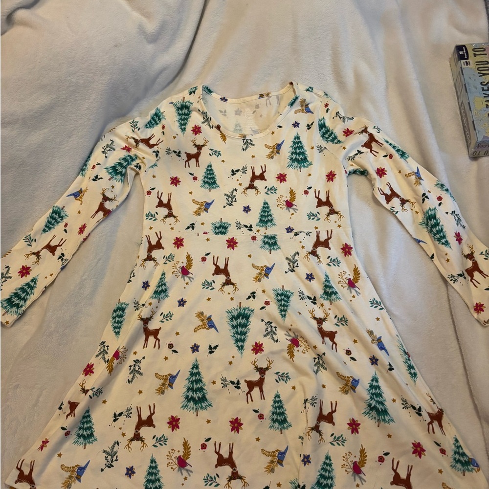 Festive Long Sleeve Christmas Dress with Deer and Tree Print